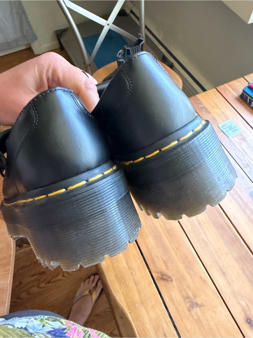Like New Dr. Martens Black T-Strap Mary Jane Shoes with Yellow Stitching - Picture 3 of 7